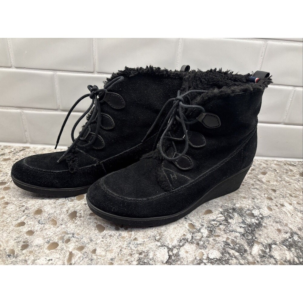 Tommy Hilfiger Wedge Suede Booties Black Women’s Size 10 Lace‎ Up Ankle Boots